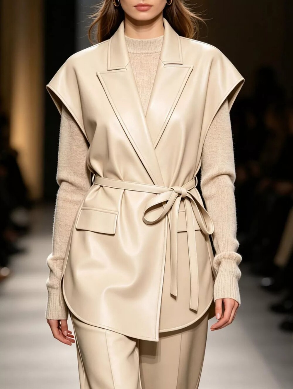 Sleek Faux Leather Belted Vest Coat